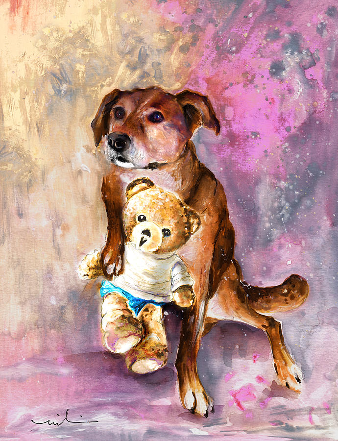 Teddy Bear Caramel And Dog Douchka Painting by Miki De Goodaboom