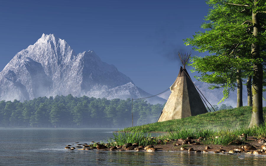 Native American Digital Art - Teepee by a Lake by Daniel Eskridge