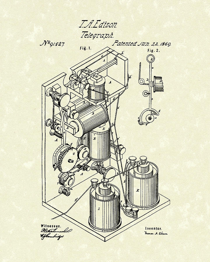 Telegraph 1869 Patent Art Drawing by Prior Art Design