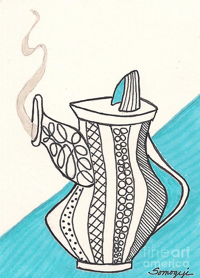Tempestuous Teapot -- Stylized Teapot Still Life Drawing by Jayne Somogy