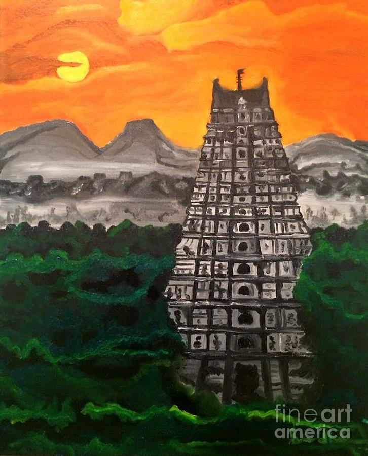 Temple near the hills Painting by Brindha Naveen