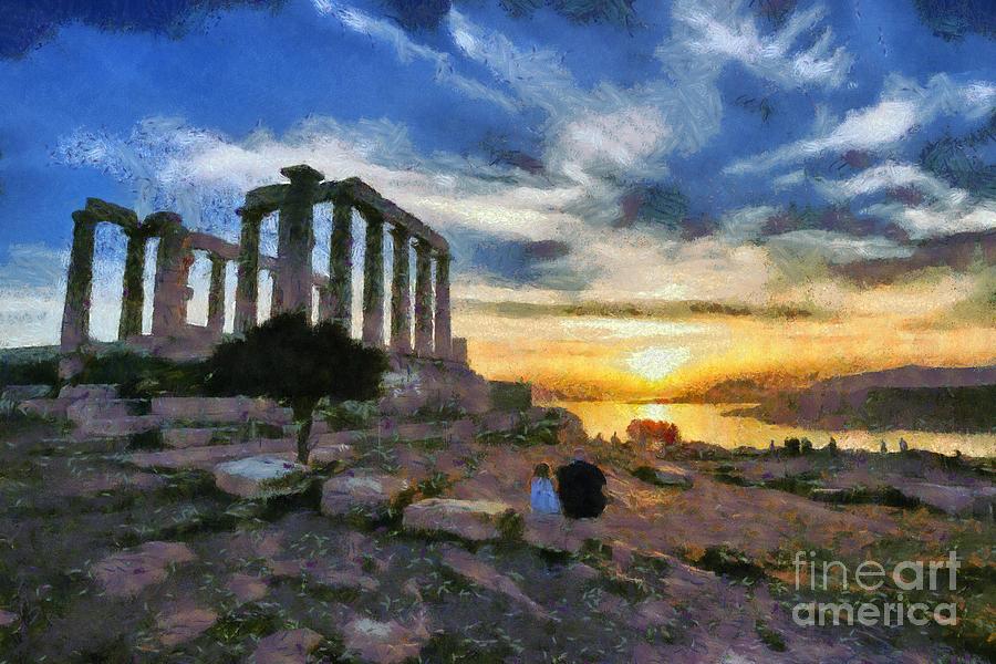 Temple of Poseidon, in Sounio, during sunset Painting by George Atsametakis