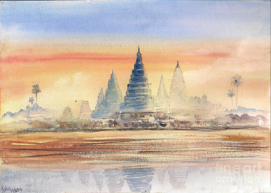 Temples in the dusk Painting by Asha Sudhaker Shenoy