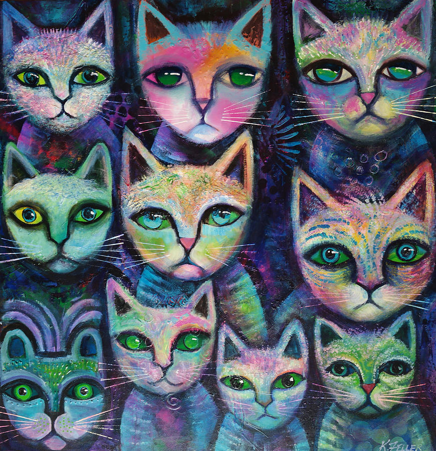Abstract Cats Painting - Ten Alley Cats by Karin Zeller