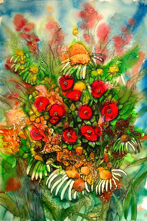 Ten Red Flowers Painting by Shirley Sykes Bracken