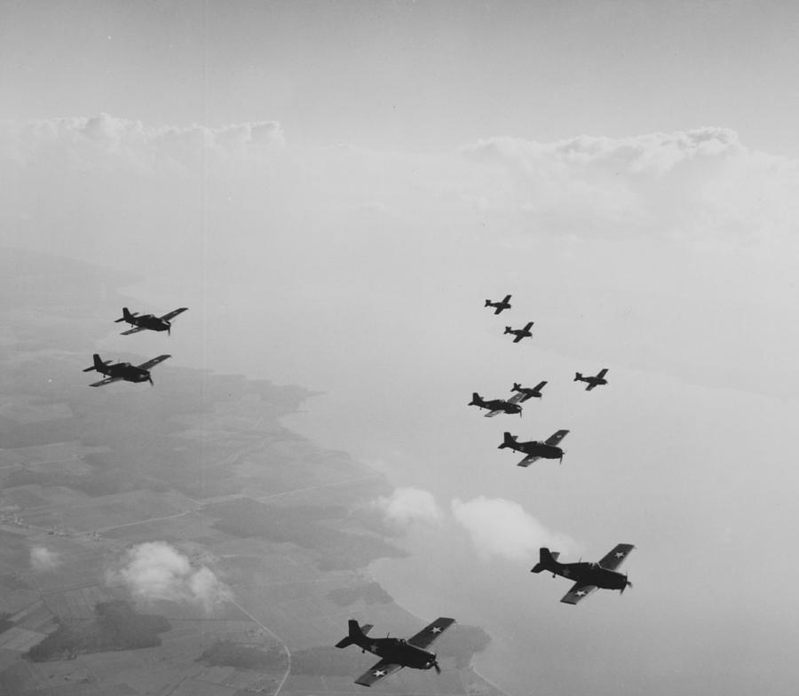 Jet Photograph - Ten Wildcats In Flight Over The Coast  by American School