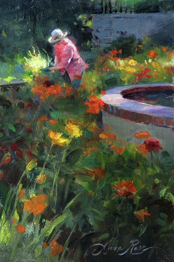 Flower Painting - Tending the Dahlias by Anna Rose Bain
