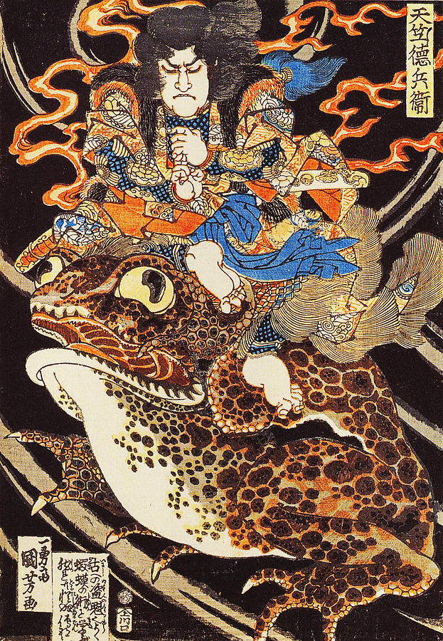 Utagawa Kuniyoshi Painting - Tenjiku Tokubei riding a giant toadn by Utagawa Kuniyoshi