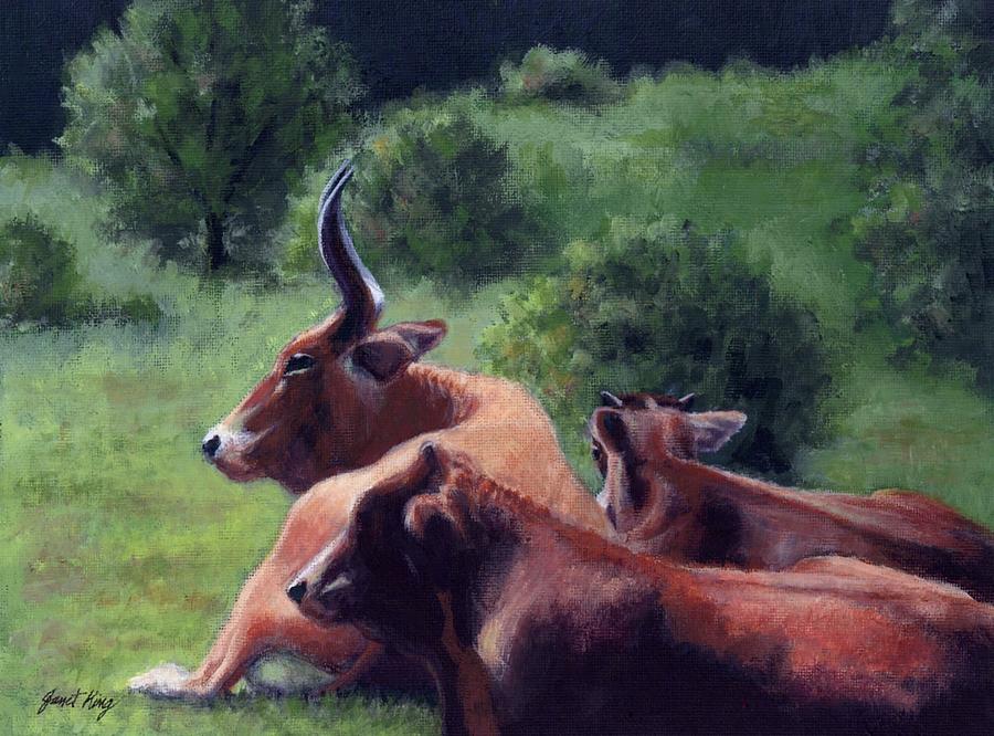 Tennessee Longhorn Steers Painting by Janet King