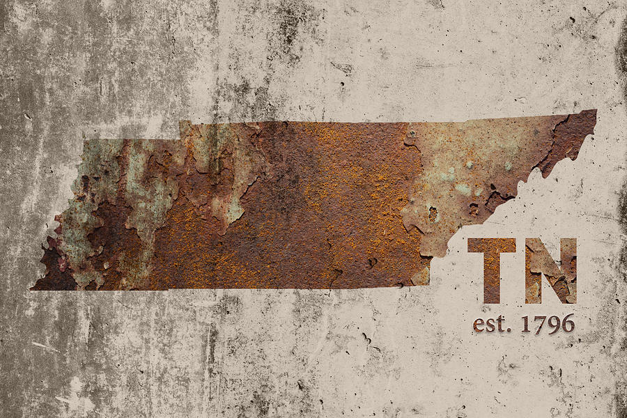 Knoxville Mixed Media - Tennessee State Map Industrial Rusted Metal on Cement Wall with Founding Date Series 030 by Design Turnpike