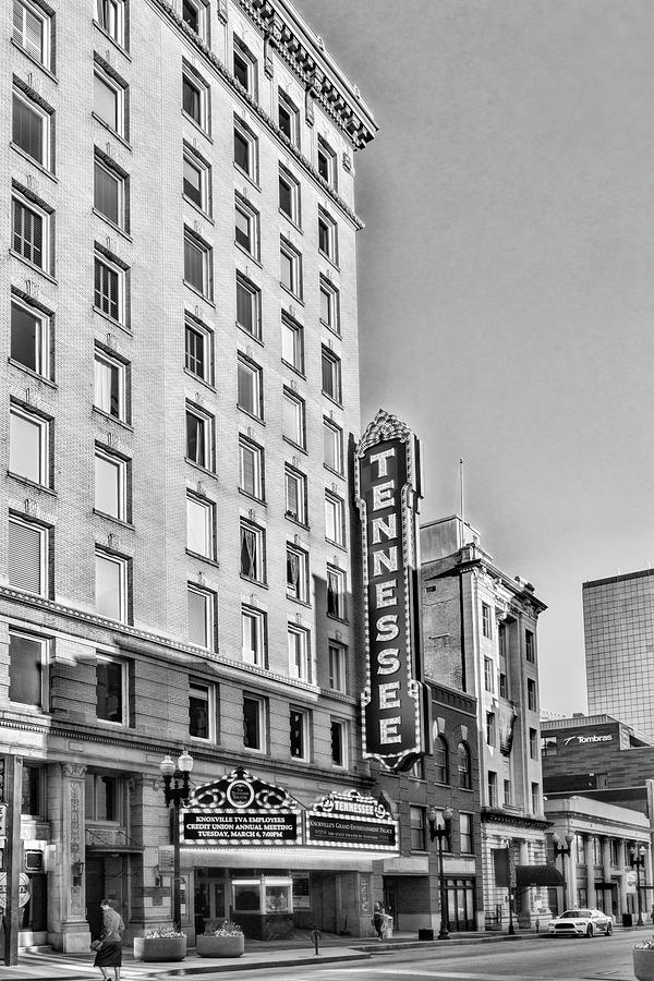 Tennessee Theatre Marquee Building Black and White Photograph by Sharon Popek