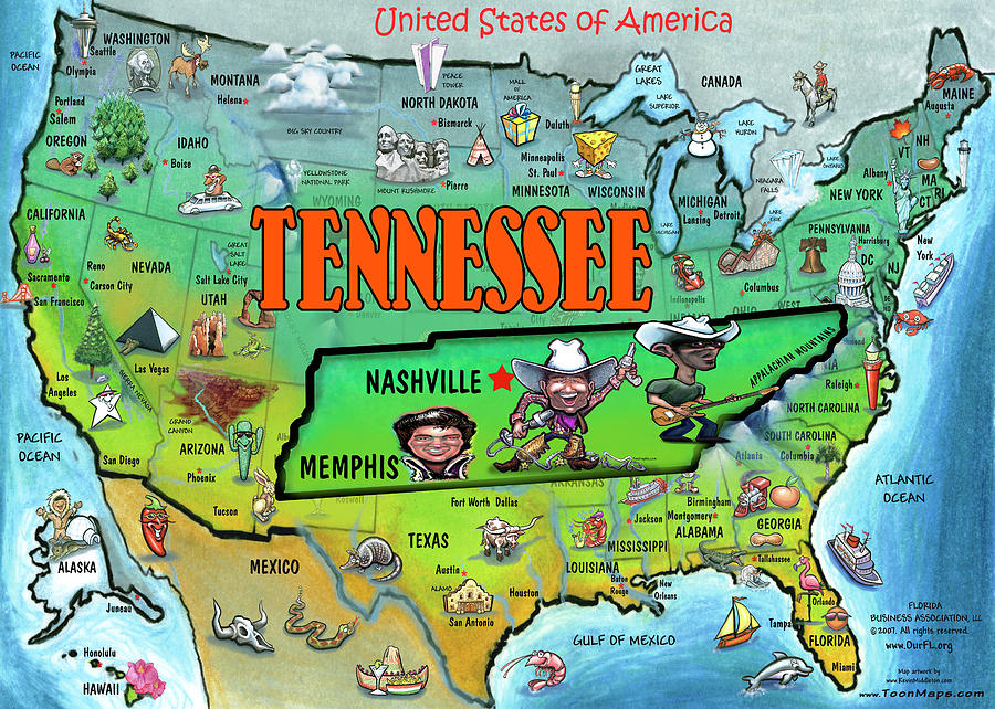 Tennessee USA Cartoon Map Painting by Kevin Middleton
