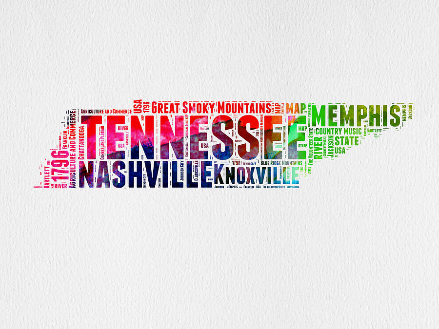 Tennessee Map Digital Art - Tennessee Watercolor Word Cloud Map  by Naxart Studio
