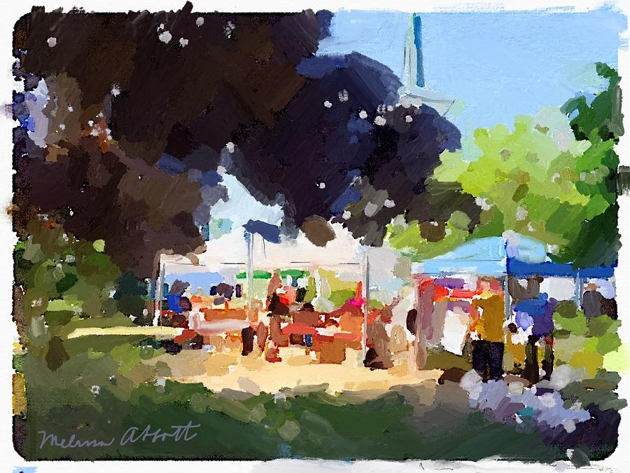 Tents and Church Steeple at Rockport Farmers Market Painting by Melissa Abbott