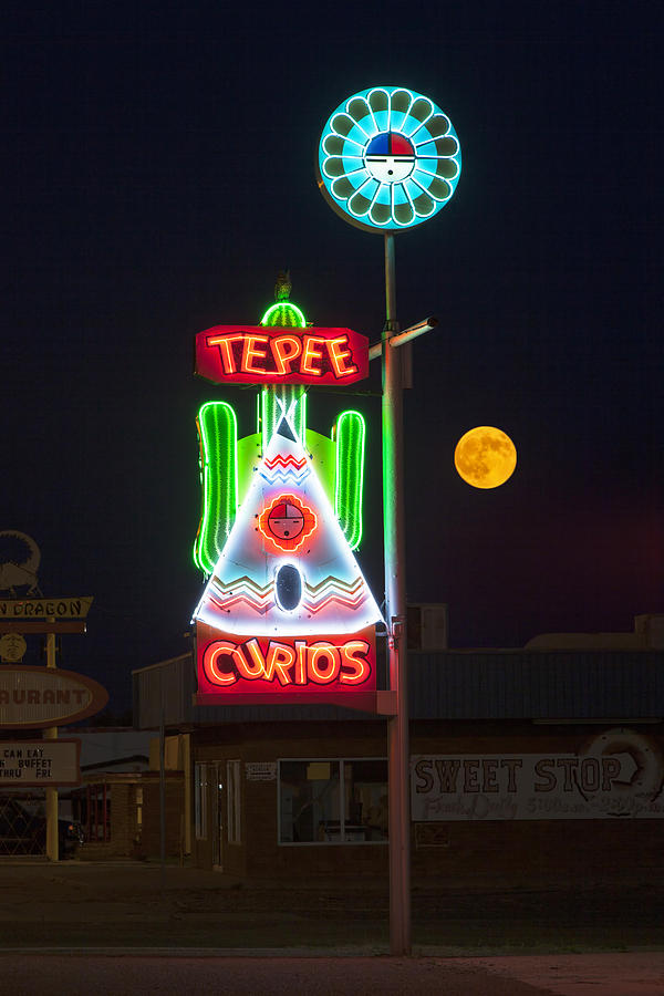 Tepee Curios Neon and Full Moon Photograph by Rick Pisio
