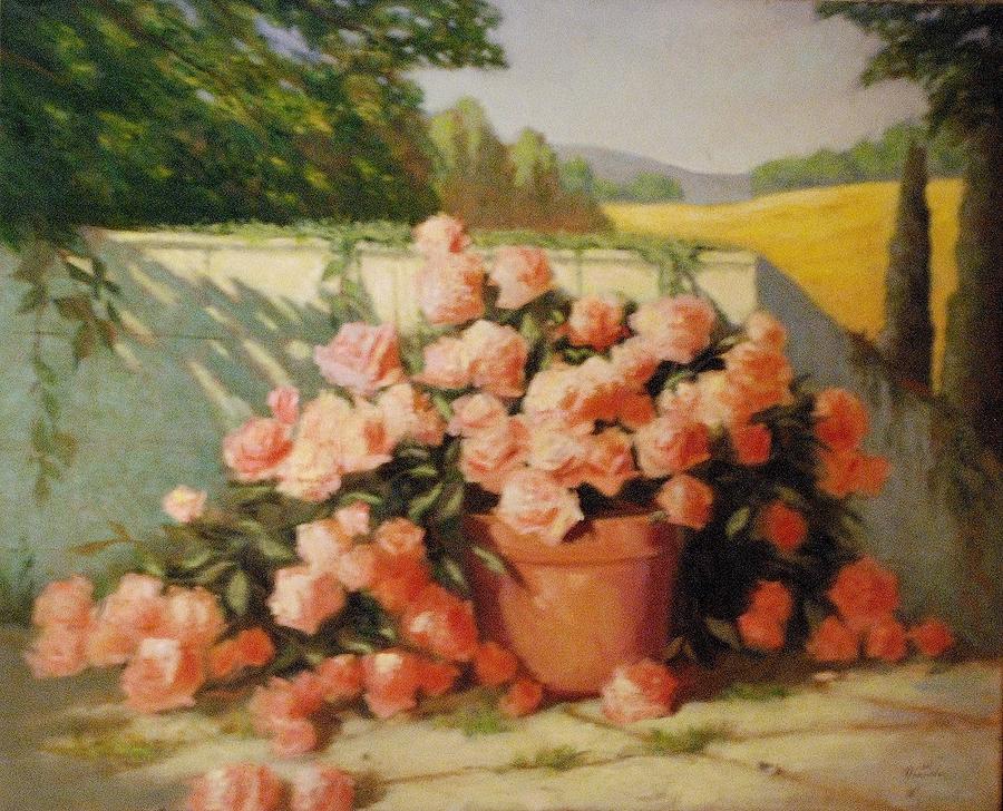 Terrace Chateau St. Lary  Gascony France  Roses Painting by David Olander