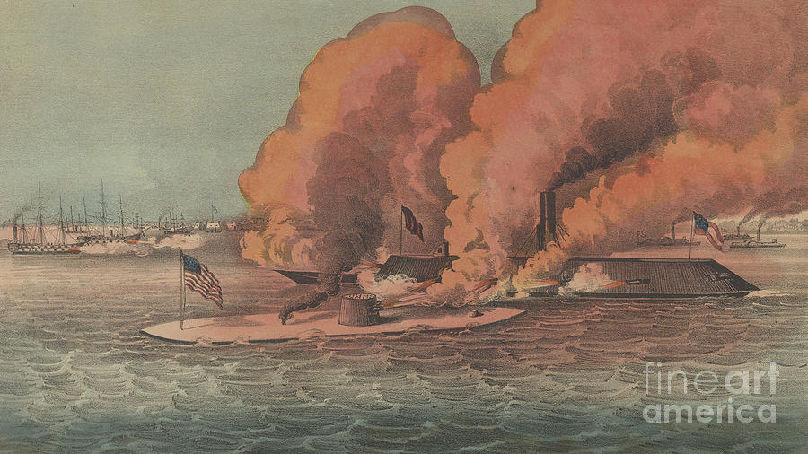 Terrific Combat Between the Monitor and Merrimac at Hampton Roads, 1862 Painting by Currier and Ives