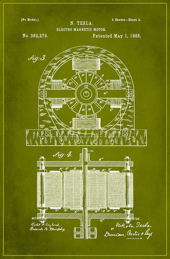 Tesla Electro Magnetic Motor Patent Drawing 1a Mixed Media by Brian Reaves