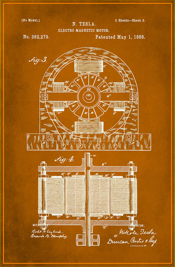 Leonardo Da Vinci Mixed Media - Tesla Electro Magnetic Motor Patent Drawing 1e  by Brian Reaves