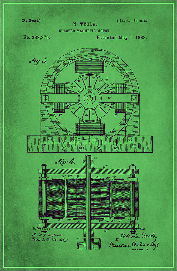 Tesla Electro Magnetic Motor Patent Drawing 2f Mixed Media by Brian Reaves