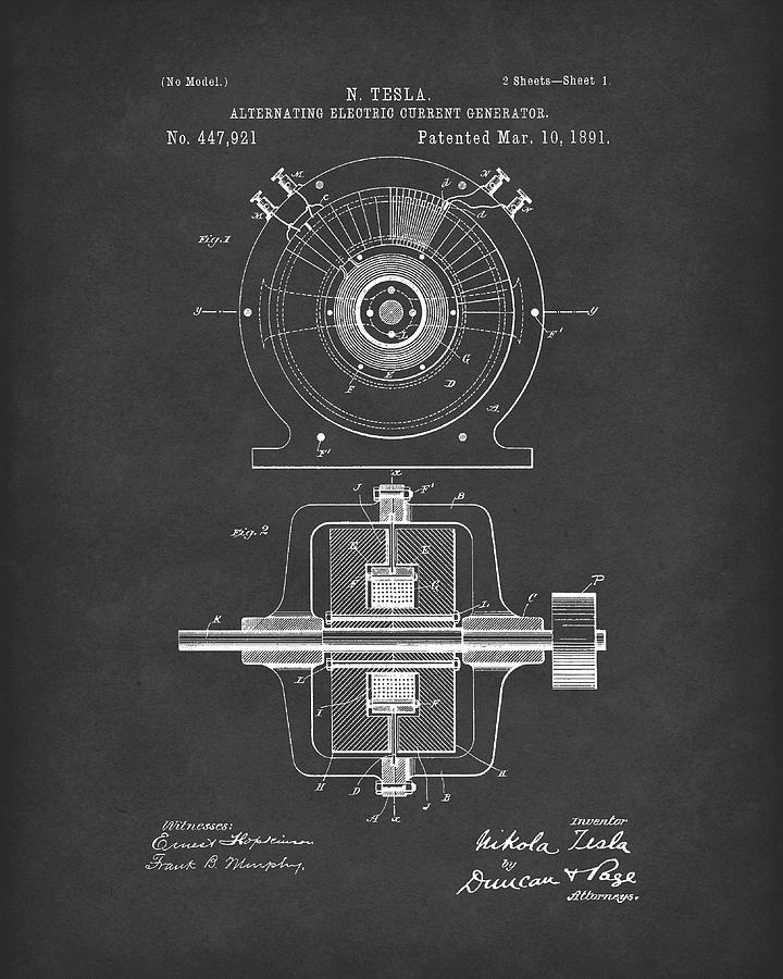 Tesla Generator 1891 Patent Art Black2 Drawing by Prior Art Design