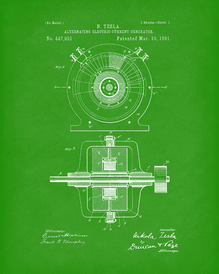 Tesla Generator 1891 Patent Art Bright Green Drawing by Prior Art Design