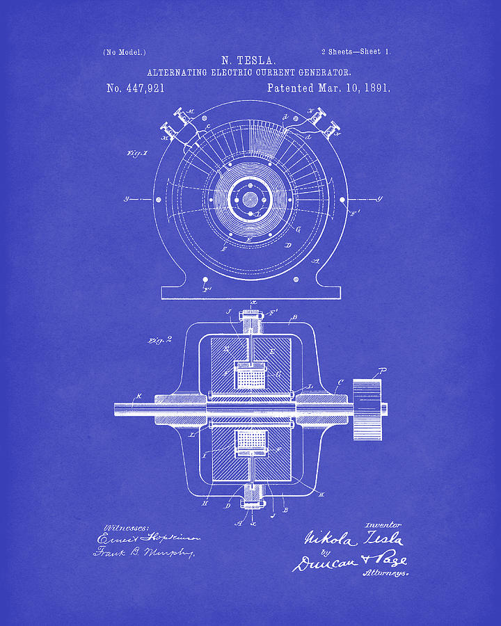 Tesla Generator 1891 Patent Art Dark Blue Drawing by Prior Art Design