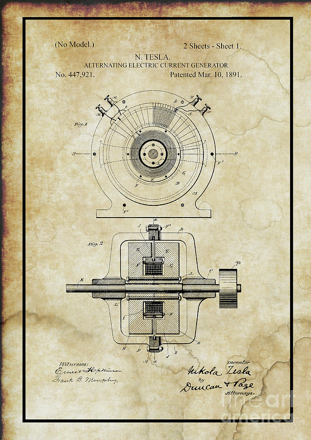 Tesla Generator 1891 Patent Art Photograph by Doc Braham