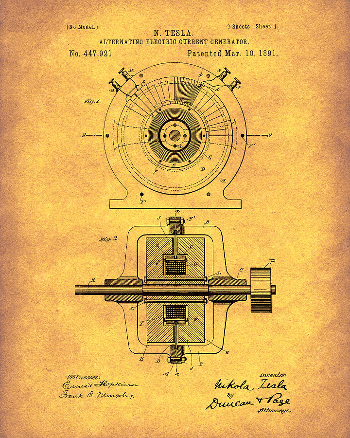 Tesla Generator 1891 Patent Art Gold Drawing by Prior Art Design
