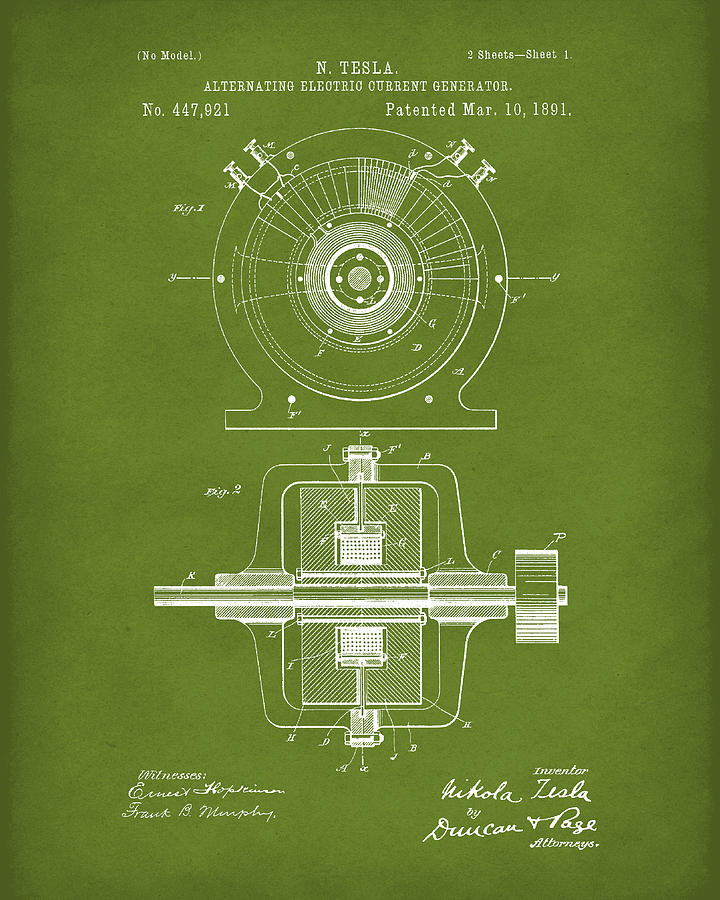 Tesla Generator 1891 Patent Art Green Drawing by Prior Art Design
