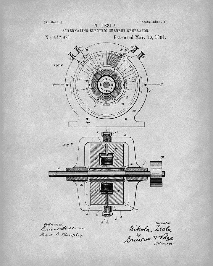 Tesla Generator 1891 Patent Art Grey Drawing by Prior Art Design