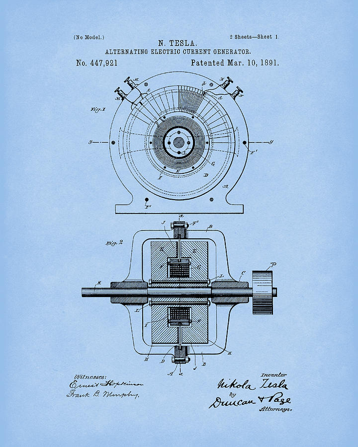 Tesla Generator 1891 Patent Art Light Blue Drawing by Prior Art Design
