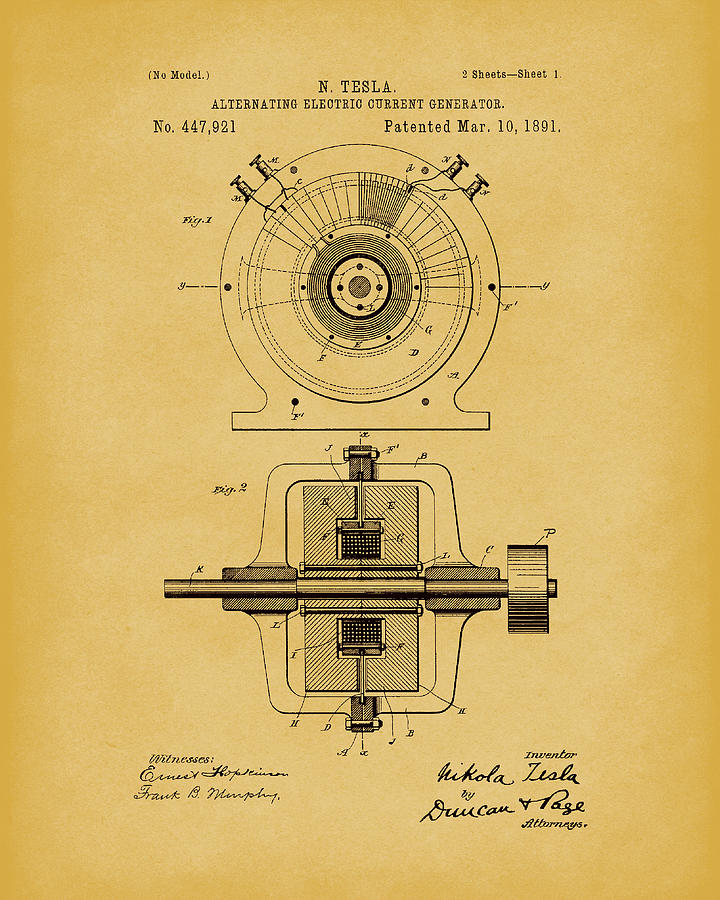 Tesla Generator 1891 Patent Art Light Brown Drawing by Prior Art Design