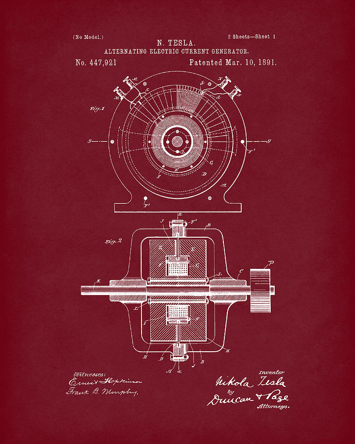 Tesla Generator 1891 Patent Art Red Dark Drawing by Prior Art Design