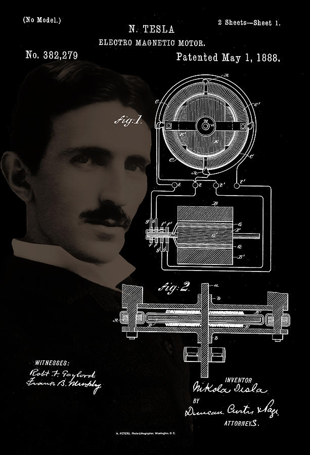 Tesla Electro Magnetic Motor Patent Drawing Photograph by Carlos Diaz