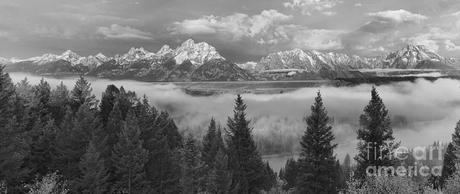Teton Foggy Morning Over The Snake River Black And White Photograph by Adam Jewell