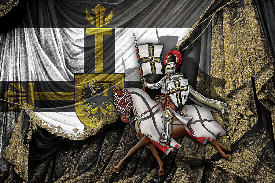 Teutonic Knight Rider on Horseback in front of the Teutonic Flag. Digital Art by Serge Averbukh