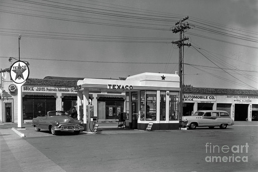 Lewis Photograph - Lewis  Texaco gas station, Buick sales service Monterey 1952 by Monterey County Historical Society