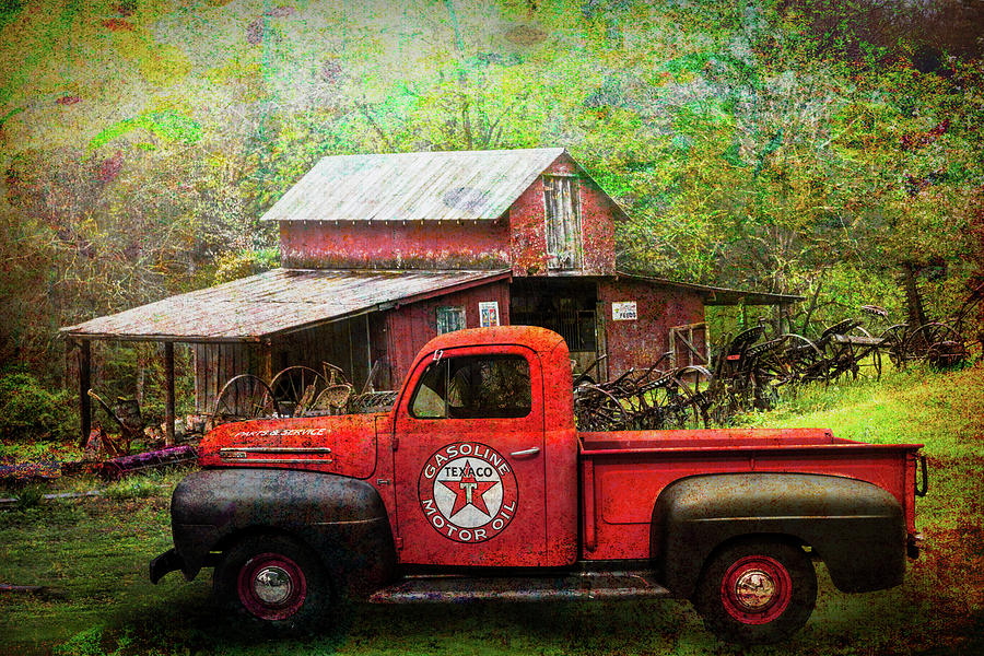 Barn Photograph - Texaco Truck on a Smoky Mountain Farm in Painted Textures by Debra and Dave Vanderlaan