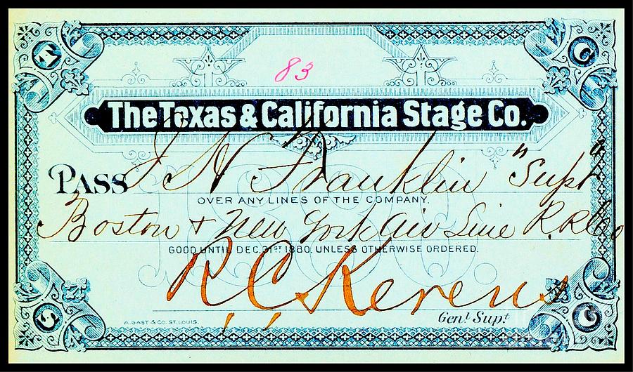 Texas and California Stage Company Boston and New York Air Line Railroad Ticket 19th Century Drawing by Peter Ogden