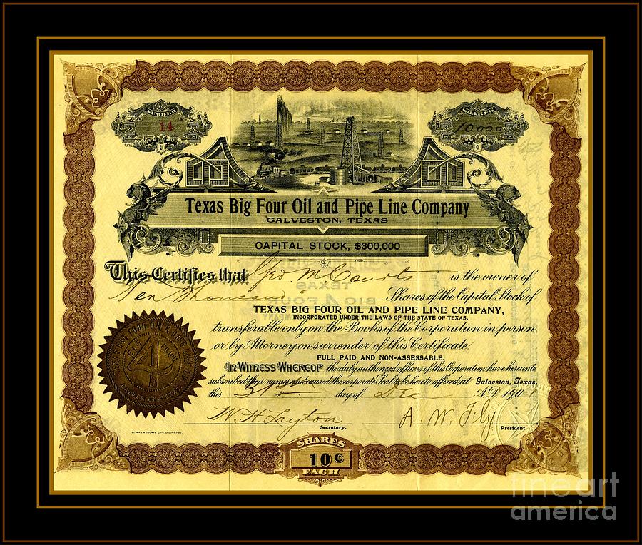 Texas Big Four Oil and Pipeline Company Stock Certificate 1901 with oil field and railroad scene Drawing by Peter Ogden