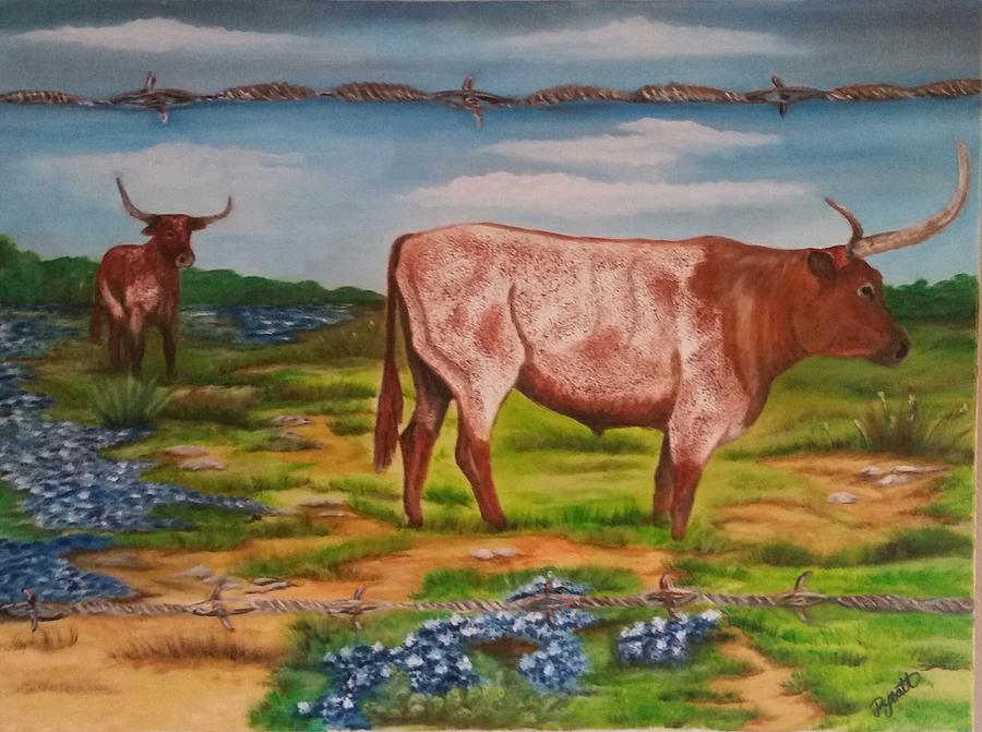 Texas Bluebonnets And Longhorns Painting By Sharon Pyeatt Fine Art America