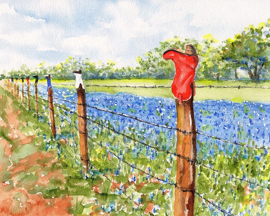Texas Bluebonnets Boot Fence Painting by Carlin Blahnik CarlinArtWatercolor