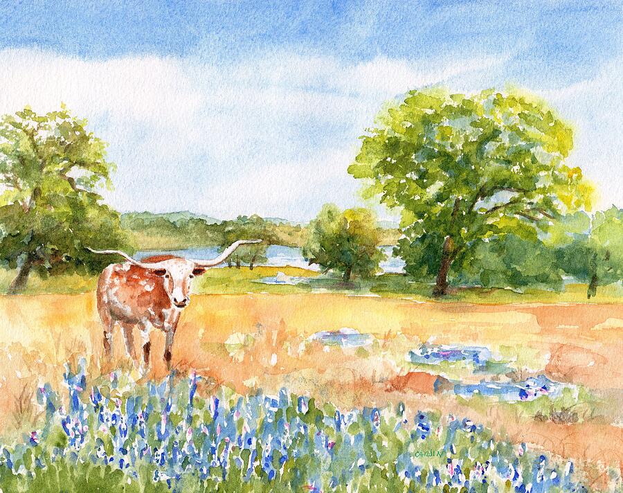 Spring Painting - Texas Longhorn and Bluebonnets by Carlin Blahnik CarlinArtWatercolor