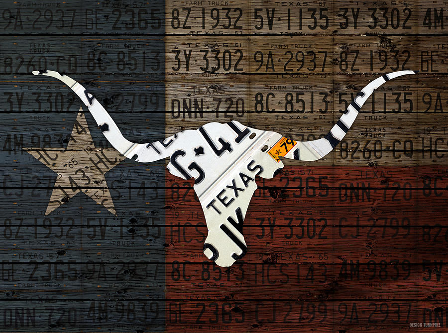 Vintage Mixed Media - Texas Longhorn and Lone Star State Flag Recycled Vintage License Plate Art by License Plate Art and Maps