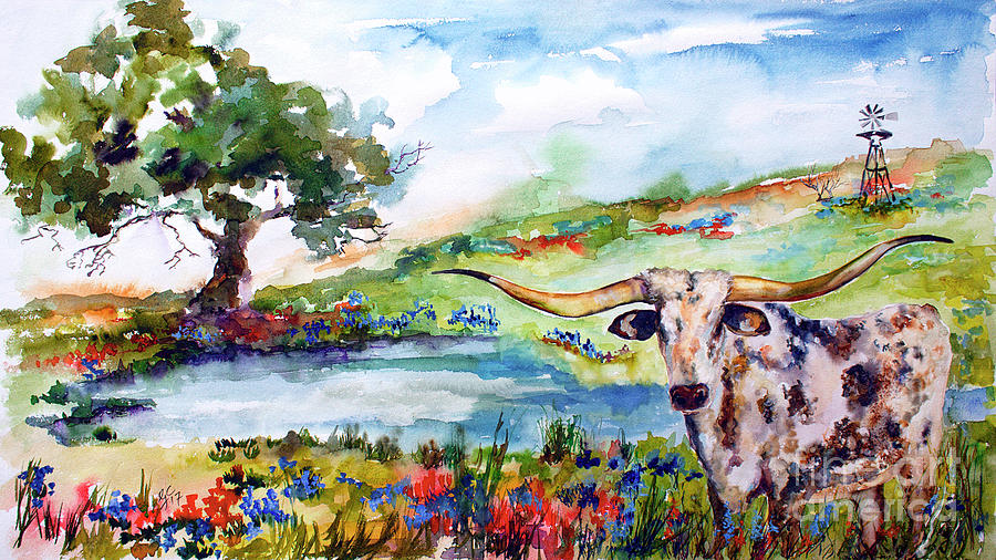 Texas Longhorn landscape with Bluebonnets and Indian Paintbrush Painting by Ginette Callaway
