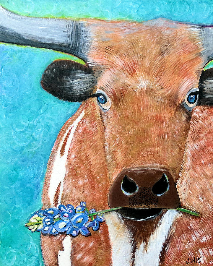 Texas Longhorn With Bluebonnet Painting By Jo Claire Hall Fine Art America