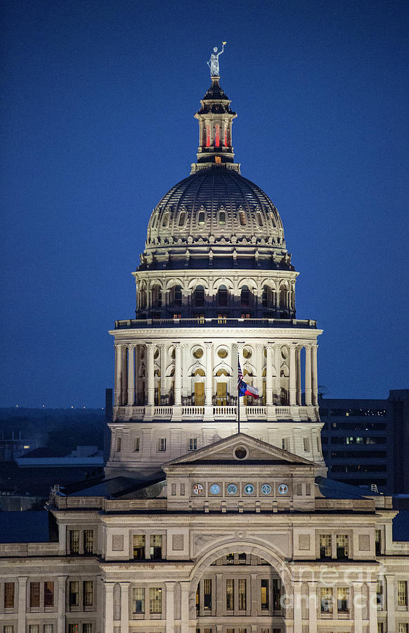 Architecture Photograph - Texas State Capitol Dome aerial view at dusk with cool blue skies - Stock Image by Dan Herron