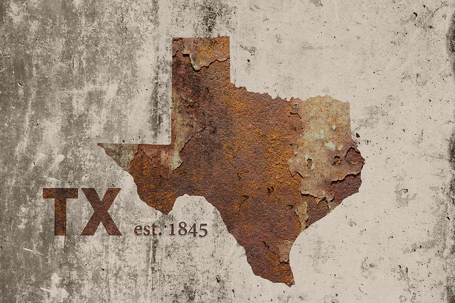 Map Mixed Media - Texas State Map Industrial Rusted Metal on Cement Wall with Founding Date Series 004 by Design Turnpike