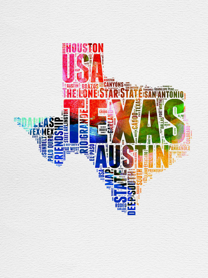 Austin Digital Art - Texas Watercolor Word Cloud  by Naxart Studio